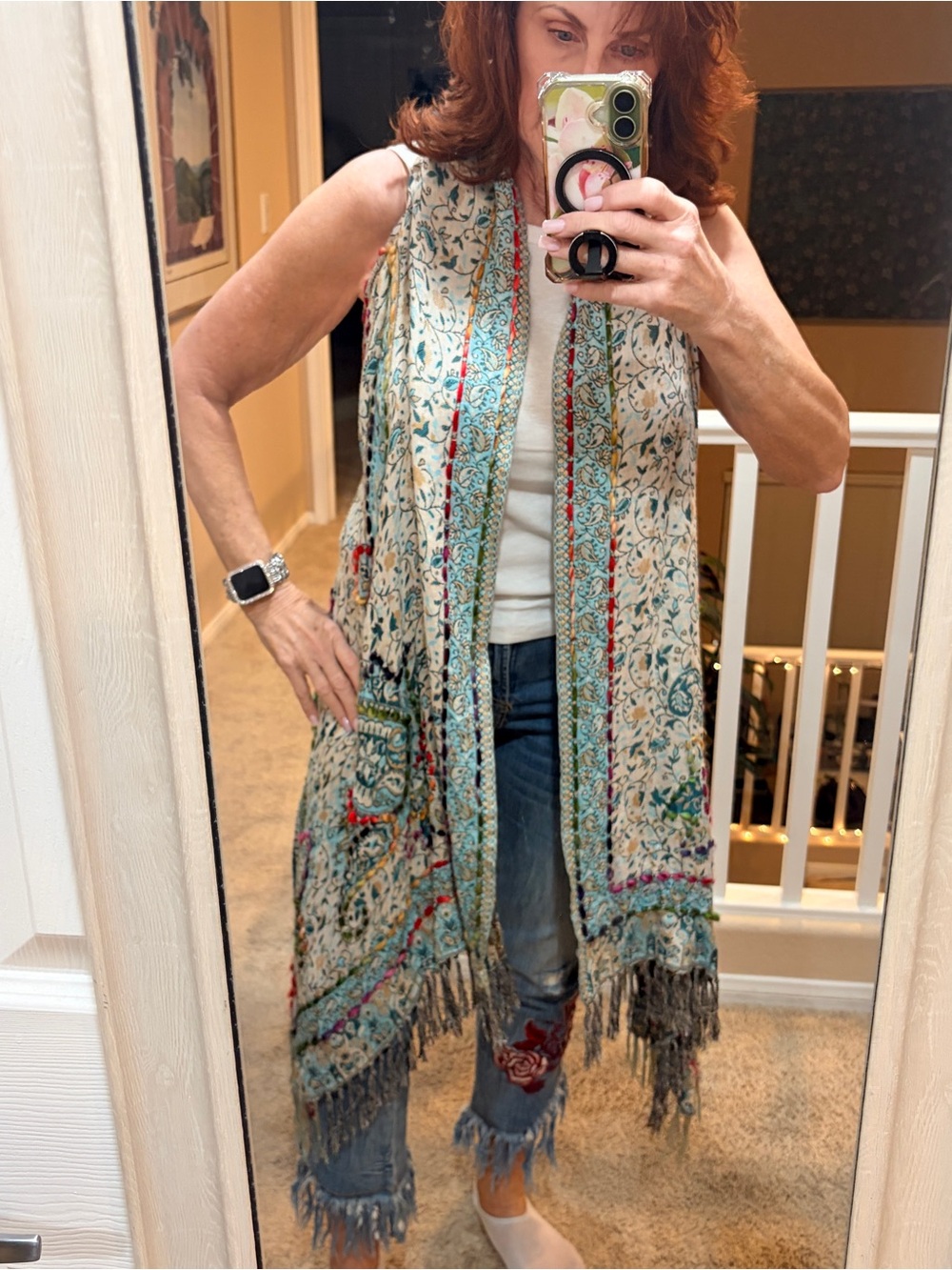 SOFT SURROUNDINGS Bohemian Floral Paisley Fringe Shawl Kimono in Teal and Cream